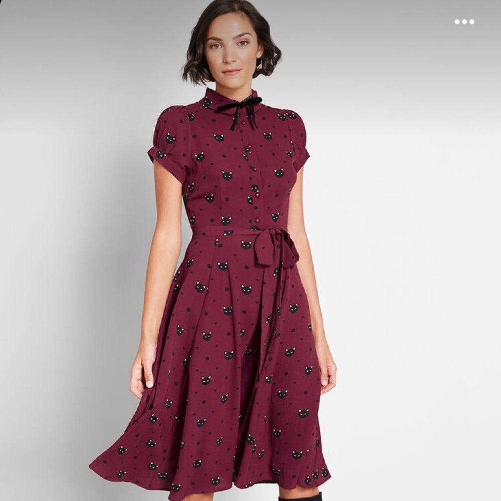 Collectif Burgundy Cat Print Dress